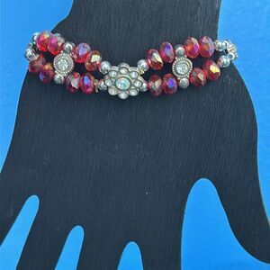 Red Glass Bead Stretch Bracelet Faux Silver Accents Fashion Jewelry Elastic